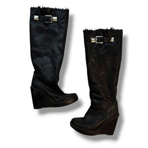 MICHAEL Michael Kors Calista Knee-High Platform Wedge Boots Faux Suede Faux Fur